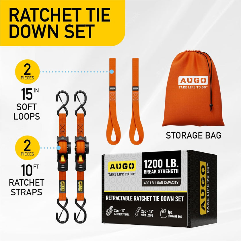 Retractable Ratchet Straps - 2 Pack - 1200 lb Break Strength