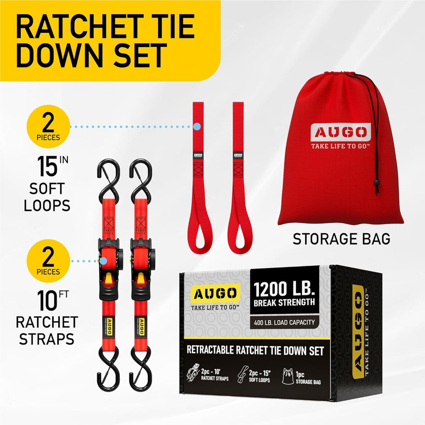 Retractable Ratchet Straps - 2 Pack - 1200 lb Break Strength