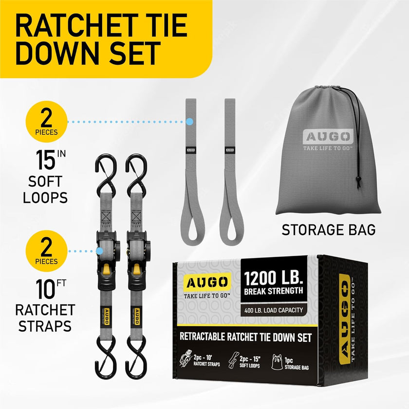 Retractable Ratchet Straps - 2 Pack - 1200 lb Break Strength