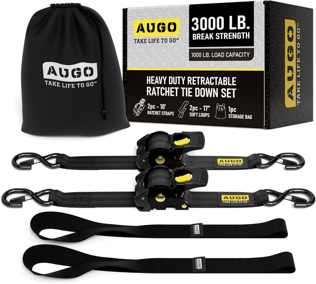 Heavy Duty Retractable Ratchet Straps - 2 Pack - 2" x 10 Ft - 3000 Lb Break Strength