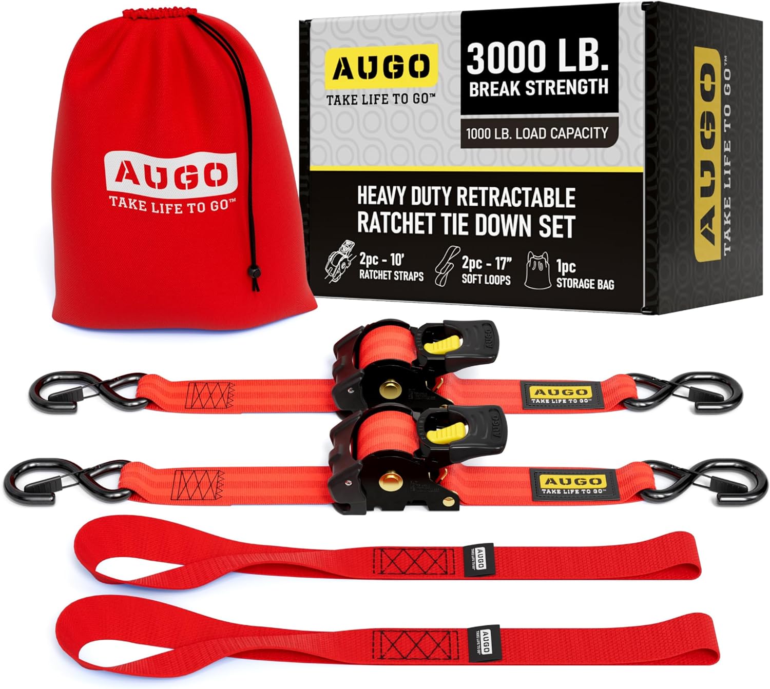 Heavy Duty Retractable Ratchet Straps - 2 Pack - 2" x 10 Ft - 3000 Lb Break Strength