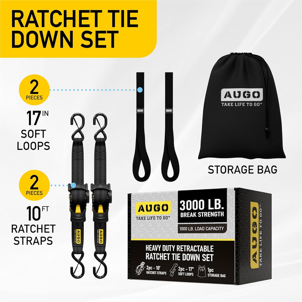 Heavy Duty Retractable Ratchet Straps - 2 Pack - 2" x 10 Ft - 3000 Lb Break Strength