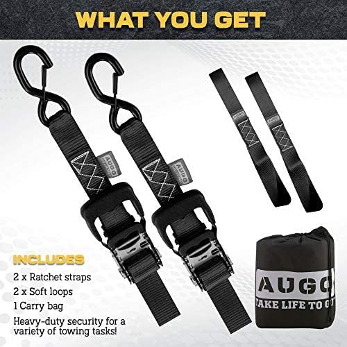 AUGO Ratchet Tie Down Straps -2 PK– 15 FT – Break Strength – Safety Lock S Hooks –for Moving Cargo, Appliances, Lawn Equipment, Motorcycle – Includes 1 Bungee Cord, 2 Soft Loops, Storage Bag