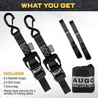 AUGO Ratchet Tie Down Straps -2 PK– 15 FT – Break Strength – Safety Lock S Hooks –for Moving Cargo, Appliances, Lawn Equipment, Motorcycle – Includes 1 Bungee Cord, 2 Soft Loops, Storage Bag