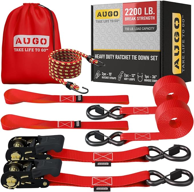 AUGO Ratchet Tie Down Straps -2 PK– 15 FT – Break Strength – Safety Lock S Hooks –for Moving Cargo, Appliances, Lawn Equipment, Motorcycle – Includes 1 Bungee Cord, 2 Soft Loops, Storage Bag