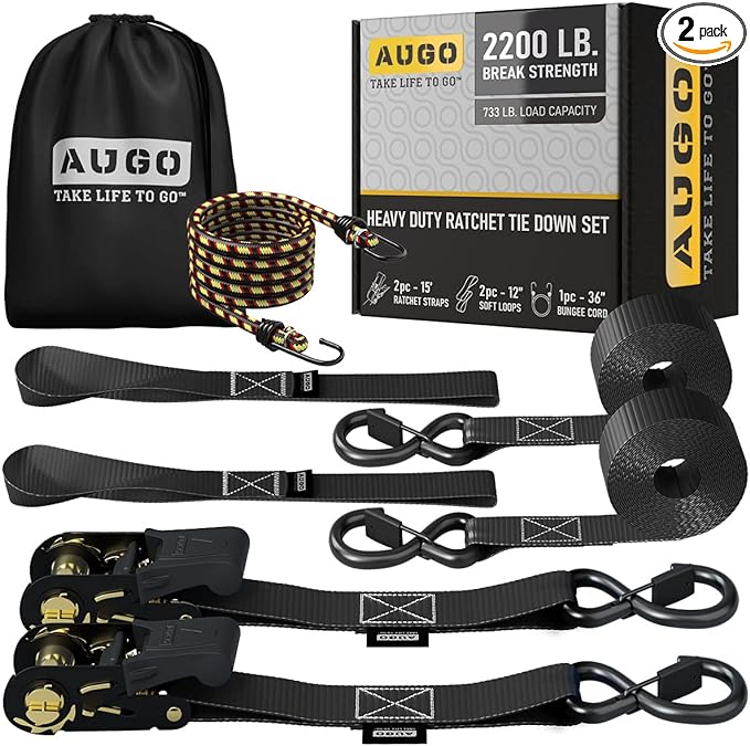 AUGO Ratchet Tie Down Straps -2 PK– 15 FT – Break Strength – Safety Lock S Hooks –for Moving Cargo, Appliances, Lawn Equipment, Motorcycle – Includes 1 Bungee Cord, 2 Soft Loops, Storage Bag