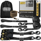 AUGO Ratchet Tie Down Straps -2 PK– 15 FT – Break Strength – Safety Lock S Hooks –for Moving Cargo, Appliances, Lawn Equipment, Motorcycle – Includes 1 Bungee Cord, 2 Soft Loops, Storage Bag