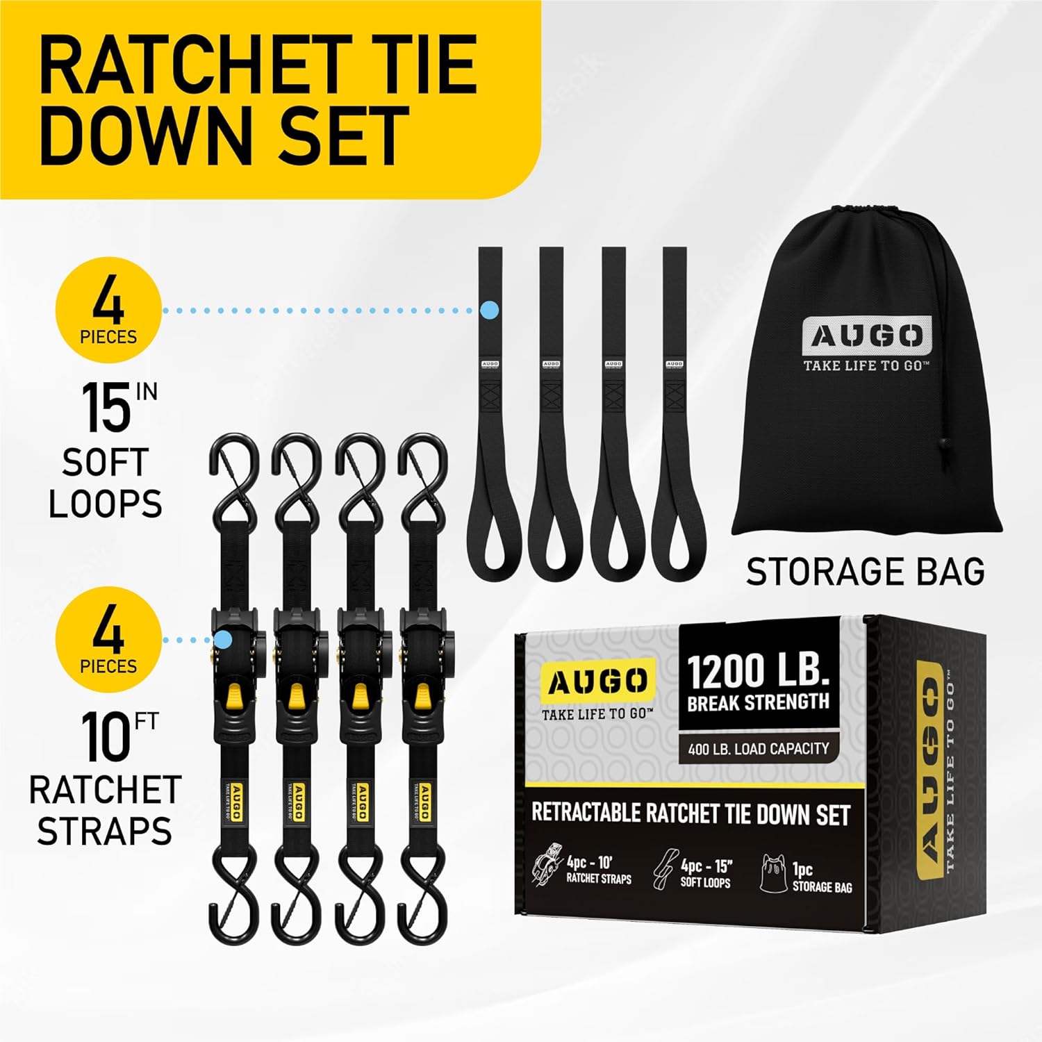 Retractable Ratchet Straps - 4 Pack - 1" x 10 Ft - 1200 Lb Break Strength