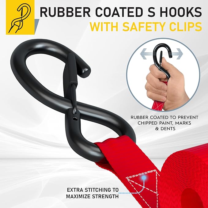 Ratchet Straps - 4 Pack - 1" x 15 Ft - 2200 Lb Break Strength