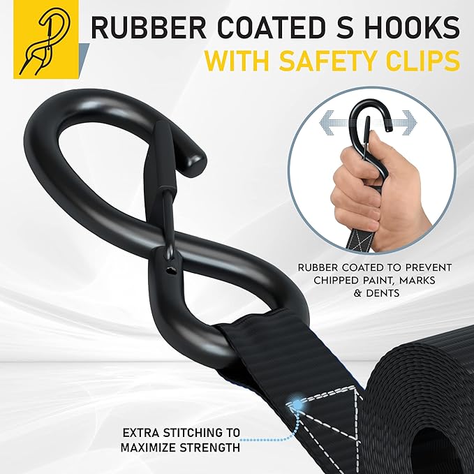 AUGO Ratchet Tie Down Straps -2 PK– 15 FT – Break Strength – Safety Lock S Hooks –for Moving Cargo, Appliances, Lawn Equipment, Motorcycle – Includes 1 Bungee Cord, 2 Soft Loops, Storage Bag