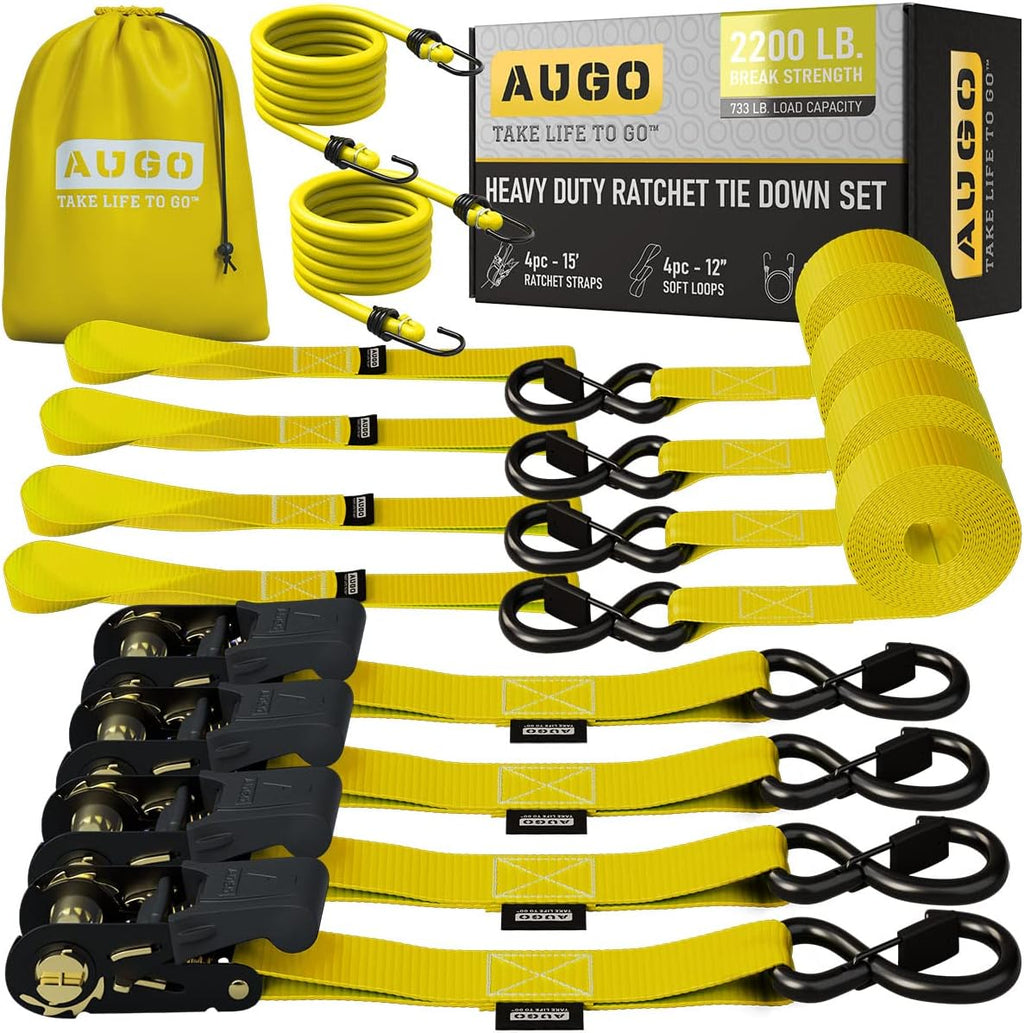 Ratchet Straps - 4 Pack - 1" x 15 Ft - 2200 Lb Break Strength