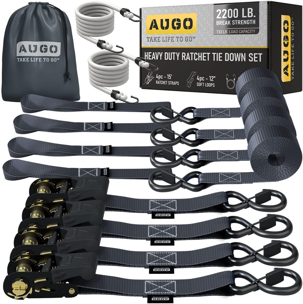 Ratchet Straps - 4 Pack - 1" x 15 Ft - 2200 Lb Break Strength