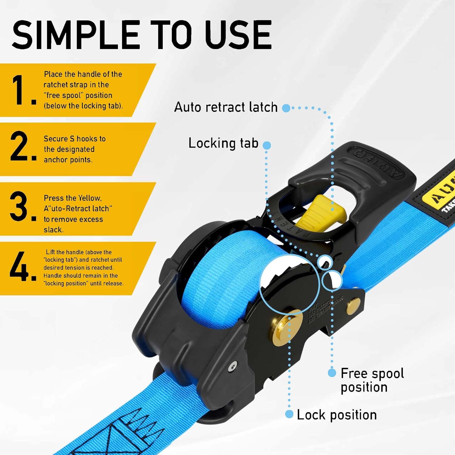 Retractable Ratchet Straps - 4 Pack - 1" x 10 Ft - 1200 Lb Break Strength