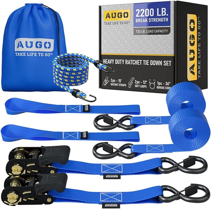 AUGO Ratchet Tie Down Straps -2 PK– 15 FT – Break Strength – Safety Lock S Hooks –for Moving Cargo, Appliances, Lawn Equipment, Motorcycle – Includes 1 Bungee Cord, 2 Soft Loops, Storage Bag