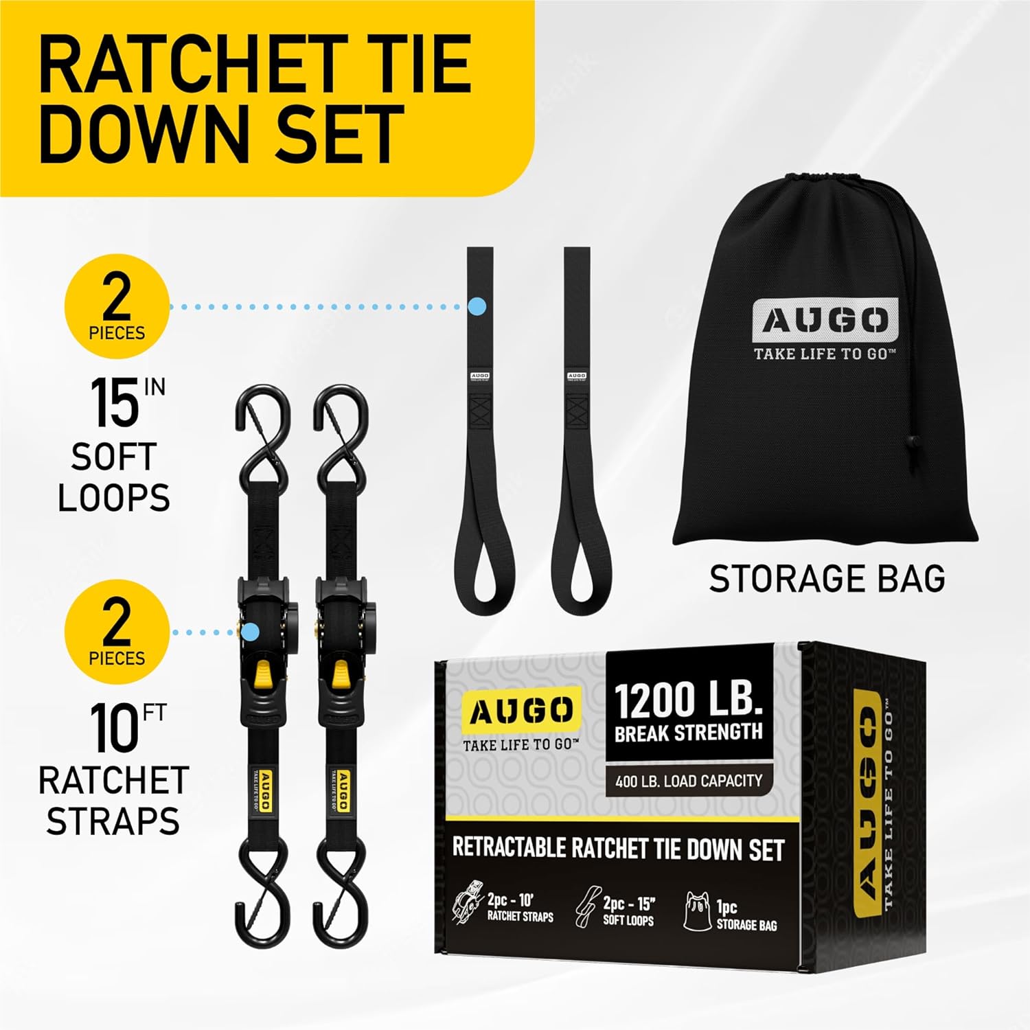 Retractable Ratchet Straps - 2 Pack - 1" x 10 Ft - 1200 Lb Break Strength