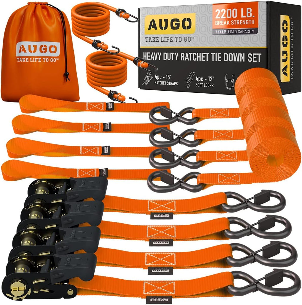 Ratchet Straps - 4 Pack - 1" x 15 Ft - 2200 Lb Break Strength