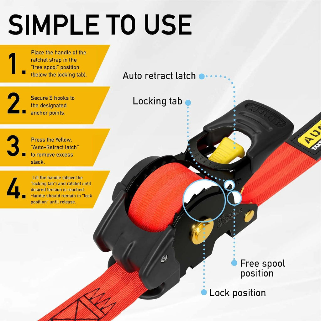 Retractable Ratchet Straps - 4 Pack - 1" x 10 Ft - 1200 Lb Break Strength