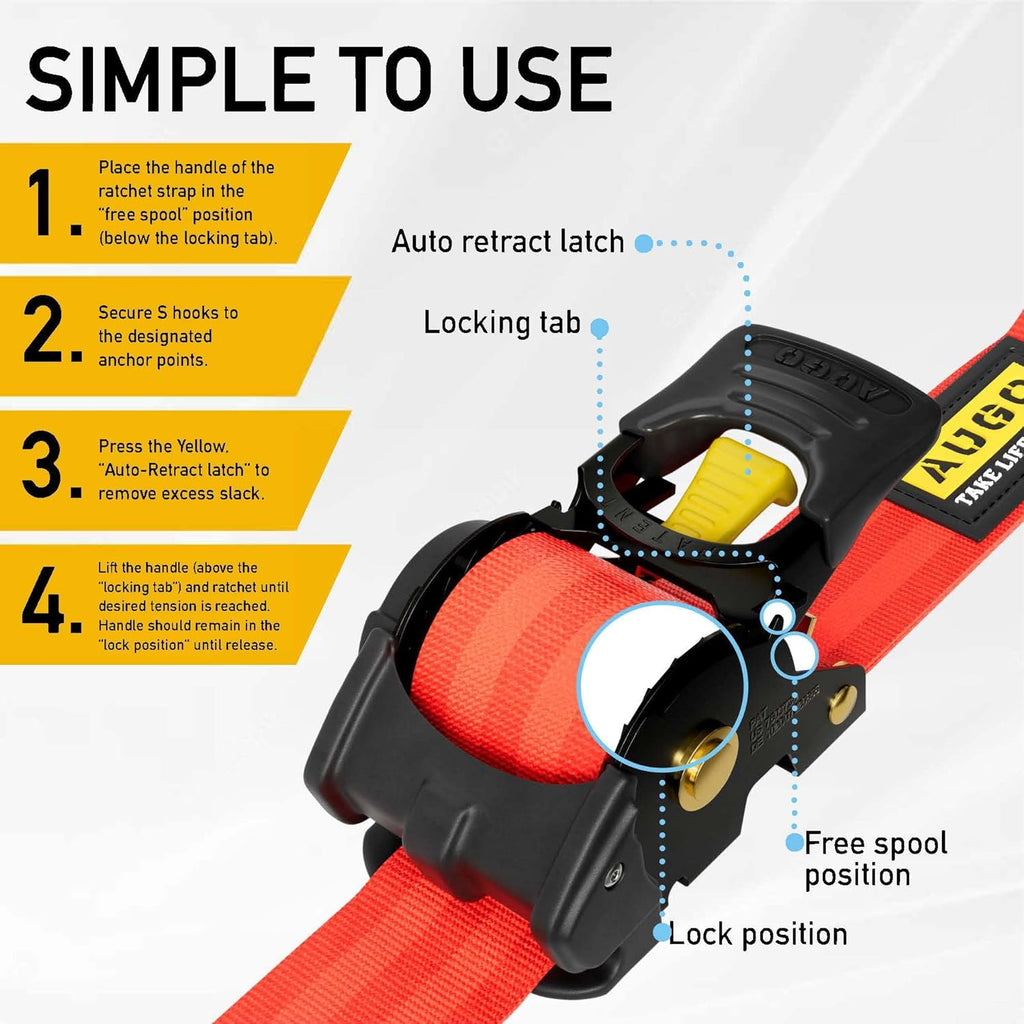 Heavy Duty Retractable Ratchet Straps - 2 Pack - 2" x 10 Ft - 3000 Lb Break Strength