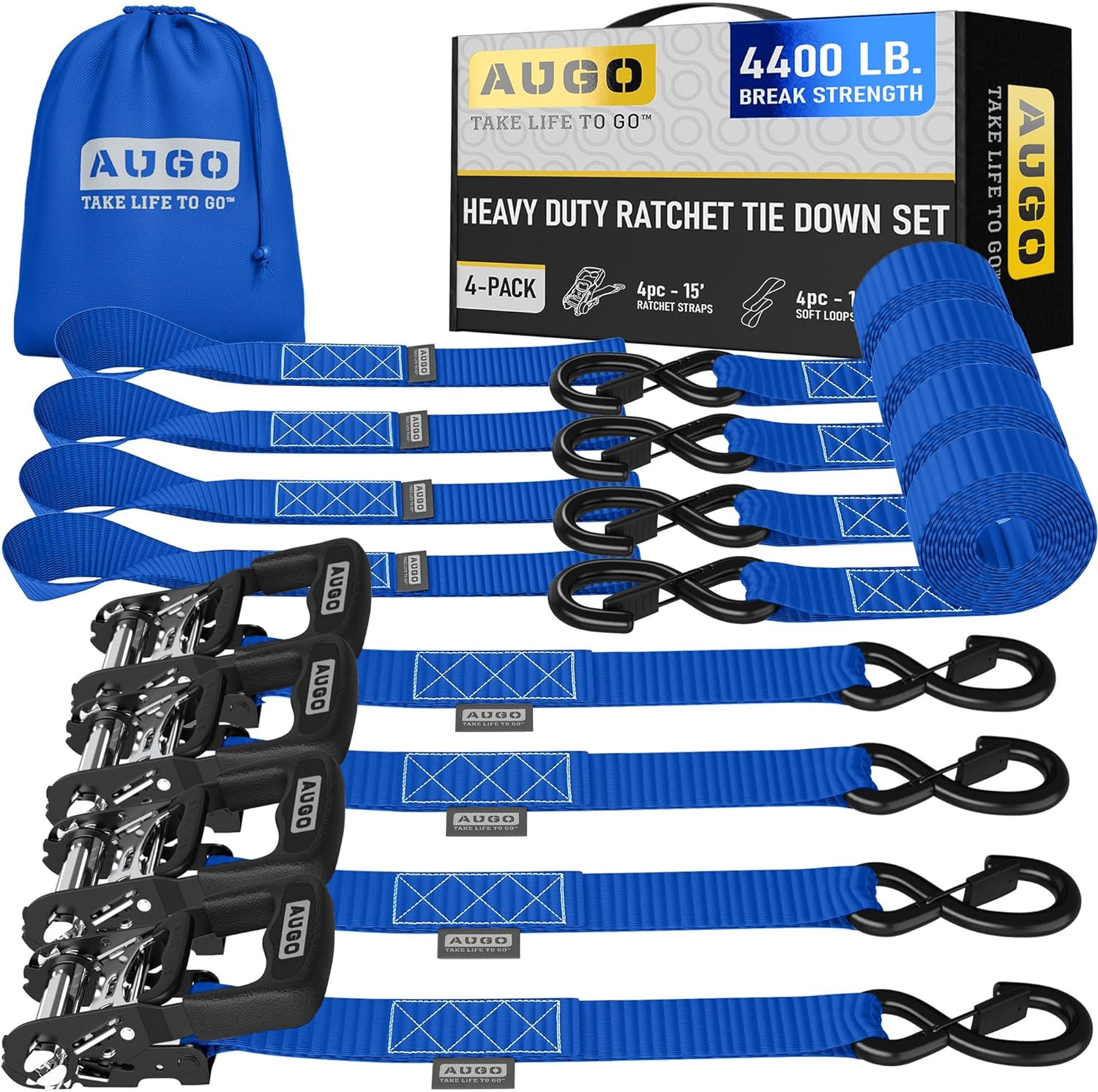 Heavy Duty Ratchet Straps - 4 Pack - 1.5" x 15 Ft - 4400 Lb Break Strength