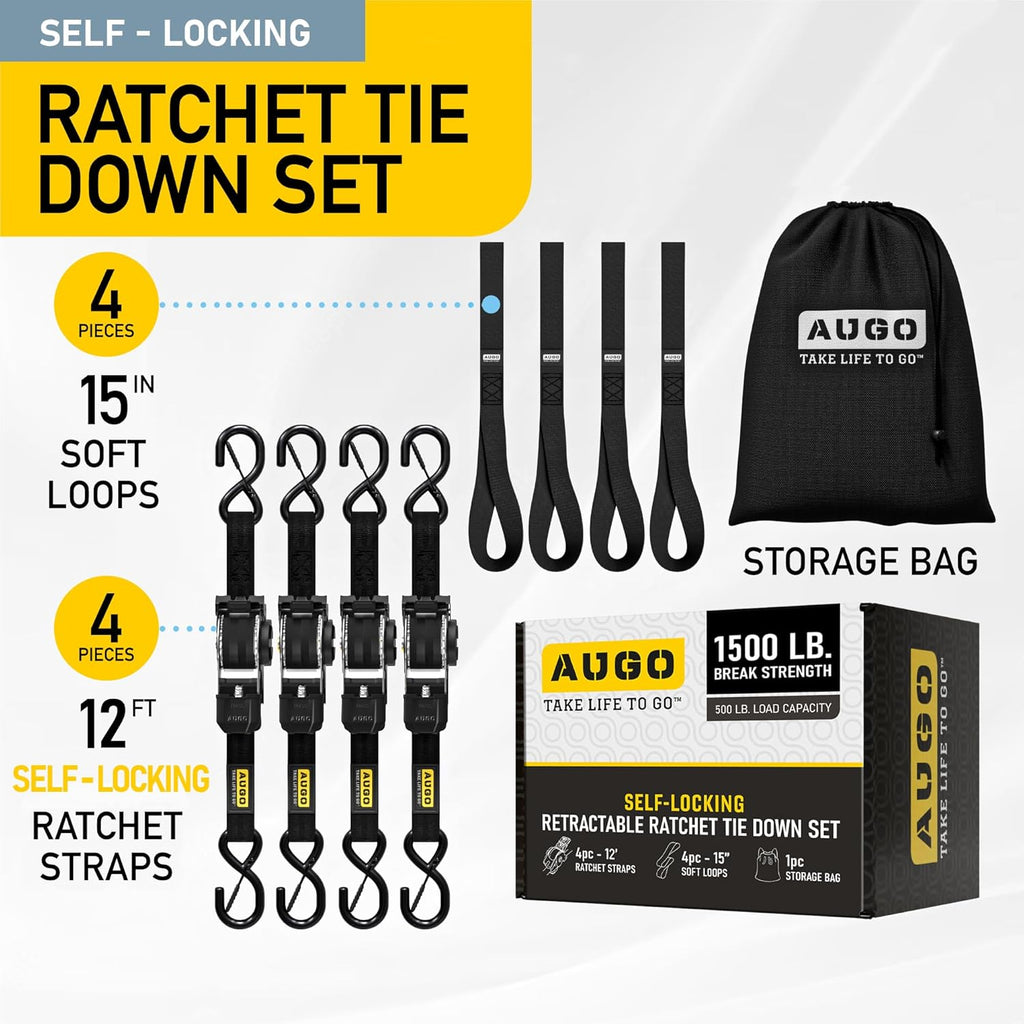 Heavy Duty Retractable Ratchet Straps - 4 Pack - 1" x 12 Ft - 1500 Lb Break Strength