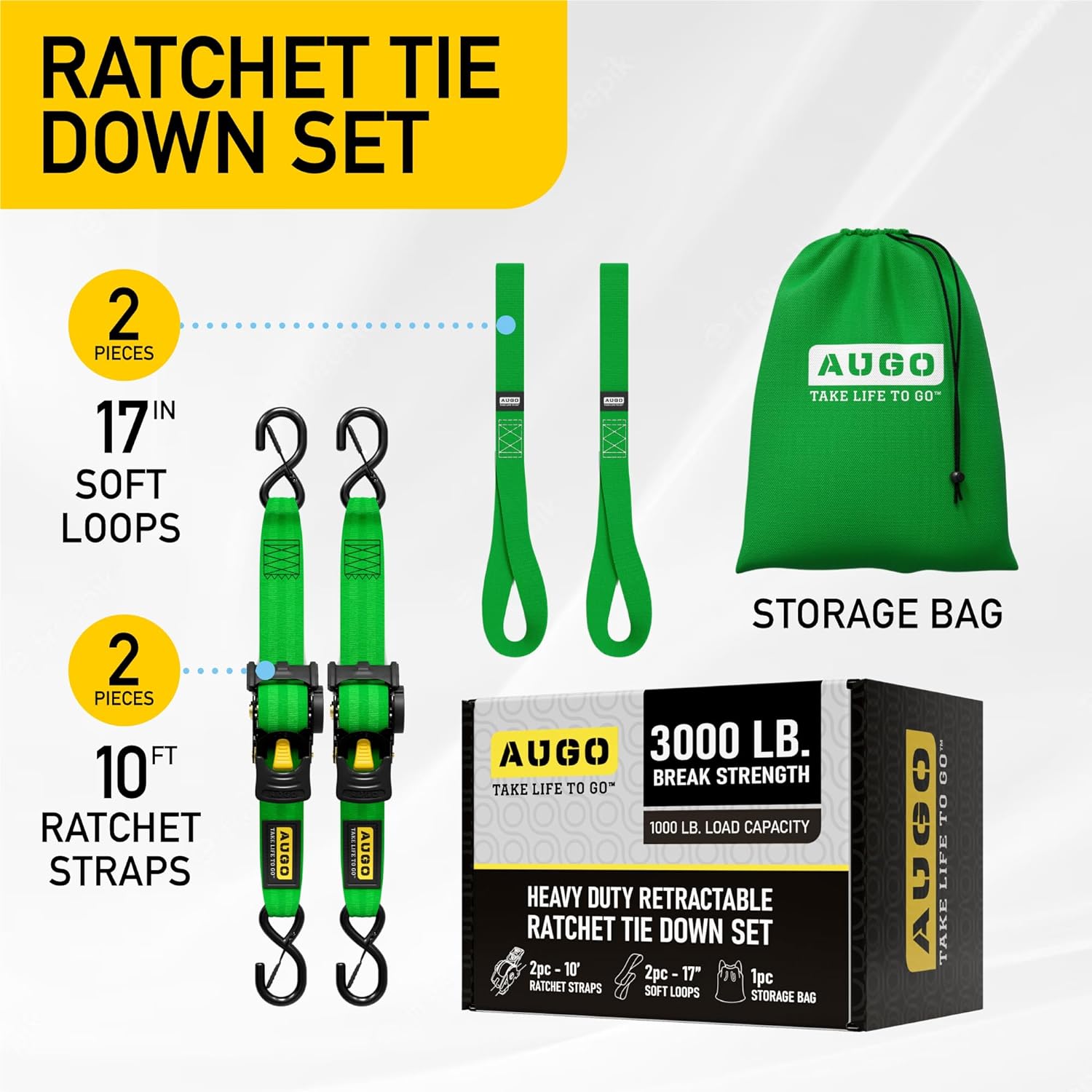 Heavy Duty Retractable Ratchet Straps - 2 Pack - 2" x 10 Ft - 3000 Lb Break Strength