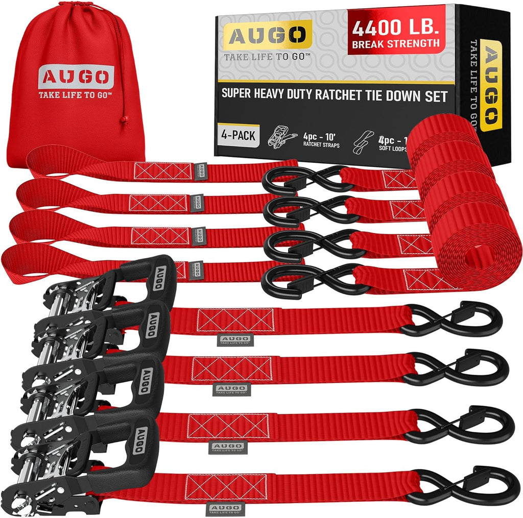 Heavy Duty Ratchet Straps - 4 Pack - 1.5" x 10 Ft - 4400 Lb Break Strength
