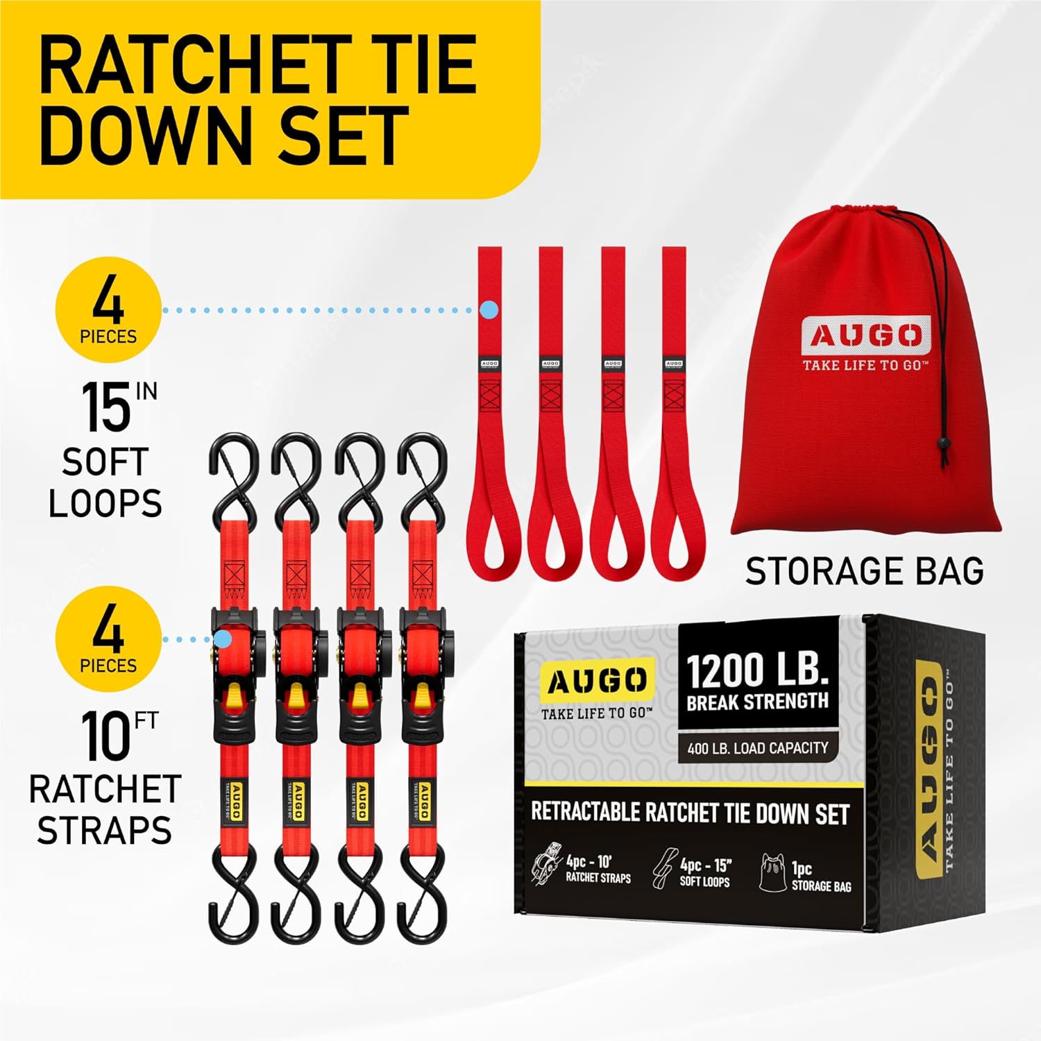 Retractable Ratchet Straps - 4 Pack - 1" x 10 Ft - 1200 Lb Break Strength