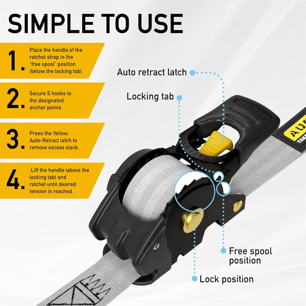 Retractable Ratchet Straps - 2 Pack - 1" x 10 Ft - 1200 Lb Break Strength