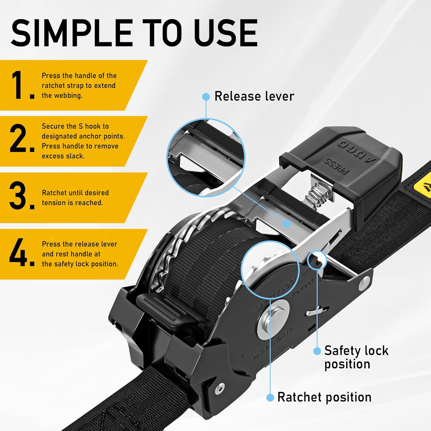 Heavy Duty Retractable Ratchet Straps - 4 Pack - 1" x 12 Ft - 1500 Lb Break Strength