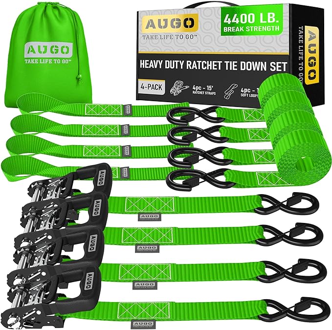 Heavy Duty Ratchet Straps - 4 Pack - 1.5" x 15 Ft - 4400 Lb Break Strength