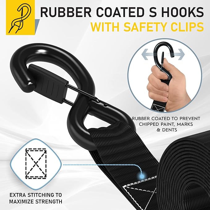 AUGO Ratchet Tie Down Straps -2 PK– 15 FT – Break Strength – Safety Lock S Hooks –for Moving Cargo, Appliances, Lawn Equipment, Motorcycle – Includes 1 Bungee Cord, 2 Soft Loops, Storage Bag