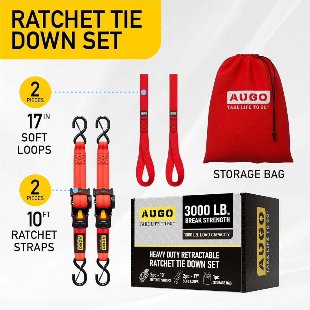 Heavy Duty Retractable Ratchet Straps - 2 Pack - 2" x 10 Ft - 3000 Lb Break Strength