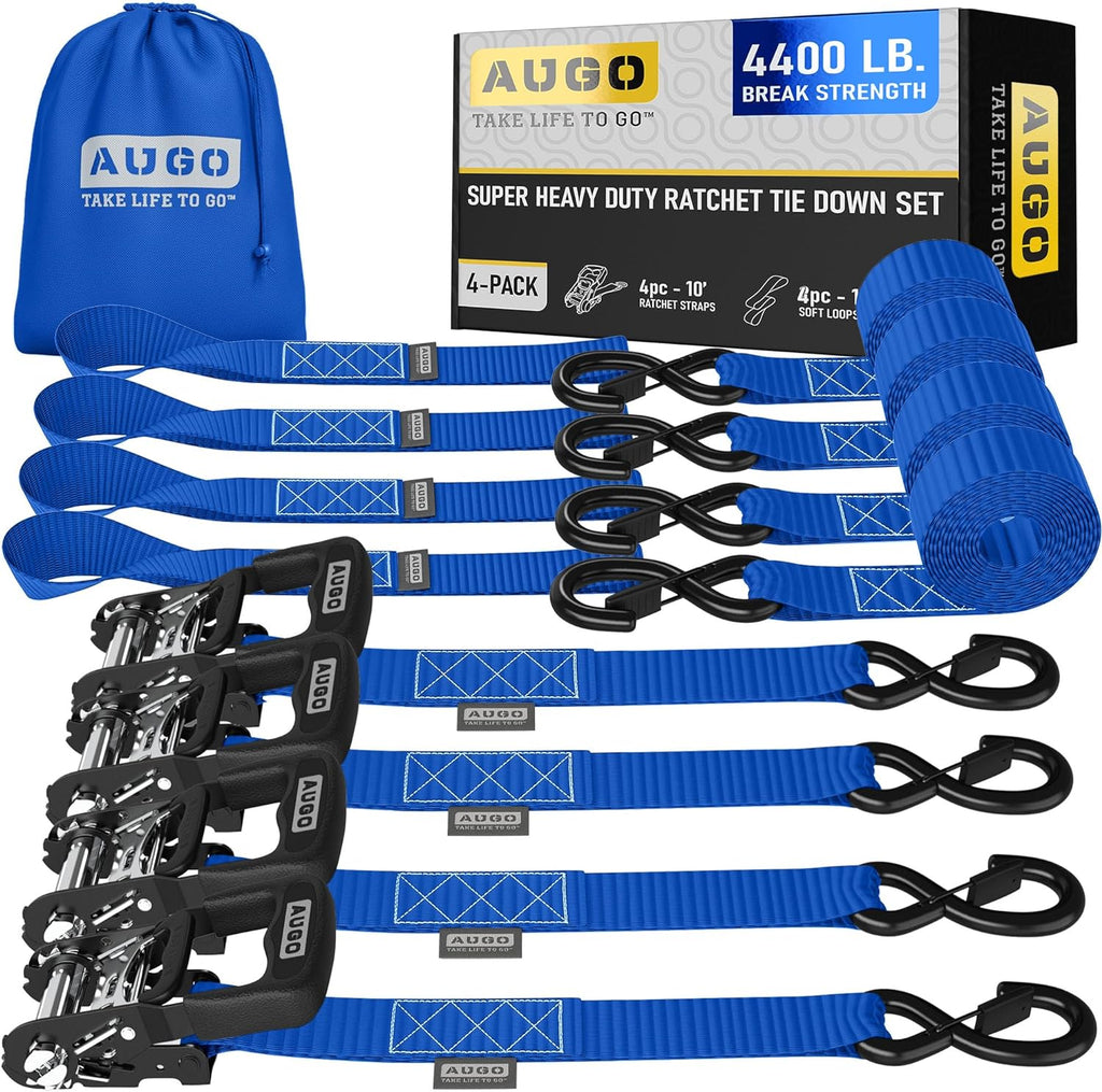 Heavy Duty Ratchet Straps - 4 Pack - 1.5" x 10 Ft - 4400 Lb Break Strength