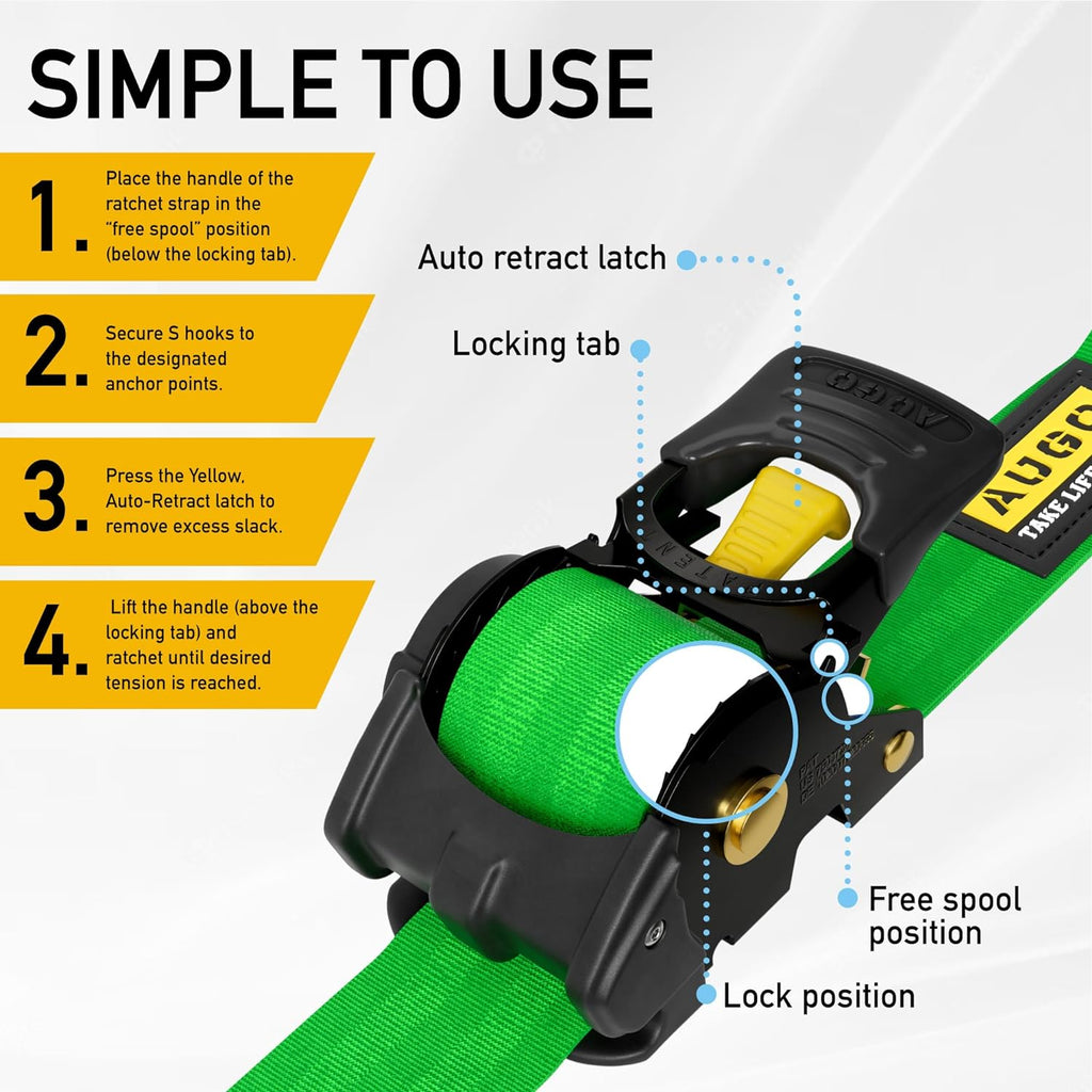 Heavy Duty Retractable Ratchet Straps - 2 Pack - 2" x 10 Ft - 3000 Lb Break Strength