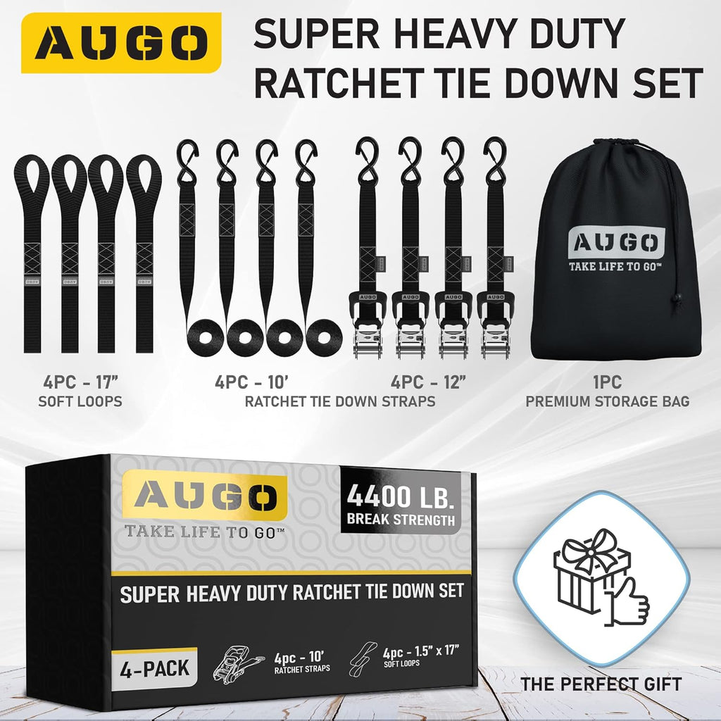 Heavy Duty Ratchet Straps - 4 Pack - 1.5" x 10 Ft - 4400 Lb Break Strength