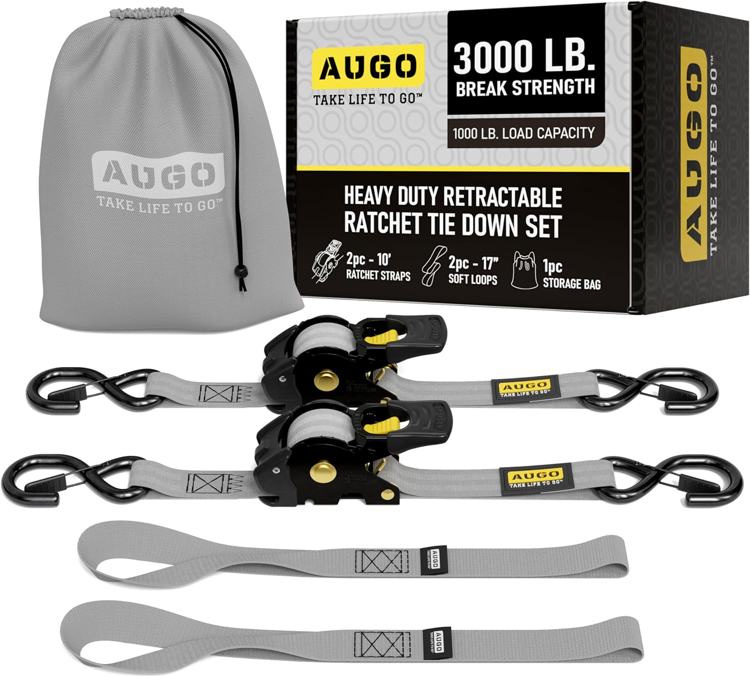 Heavy Duty Retractable Ratchet Straps - 2 Pack - 2" x 10 Ft - 3000 Lb Break Strength