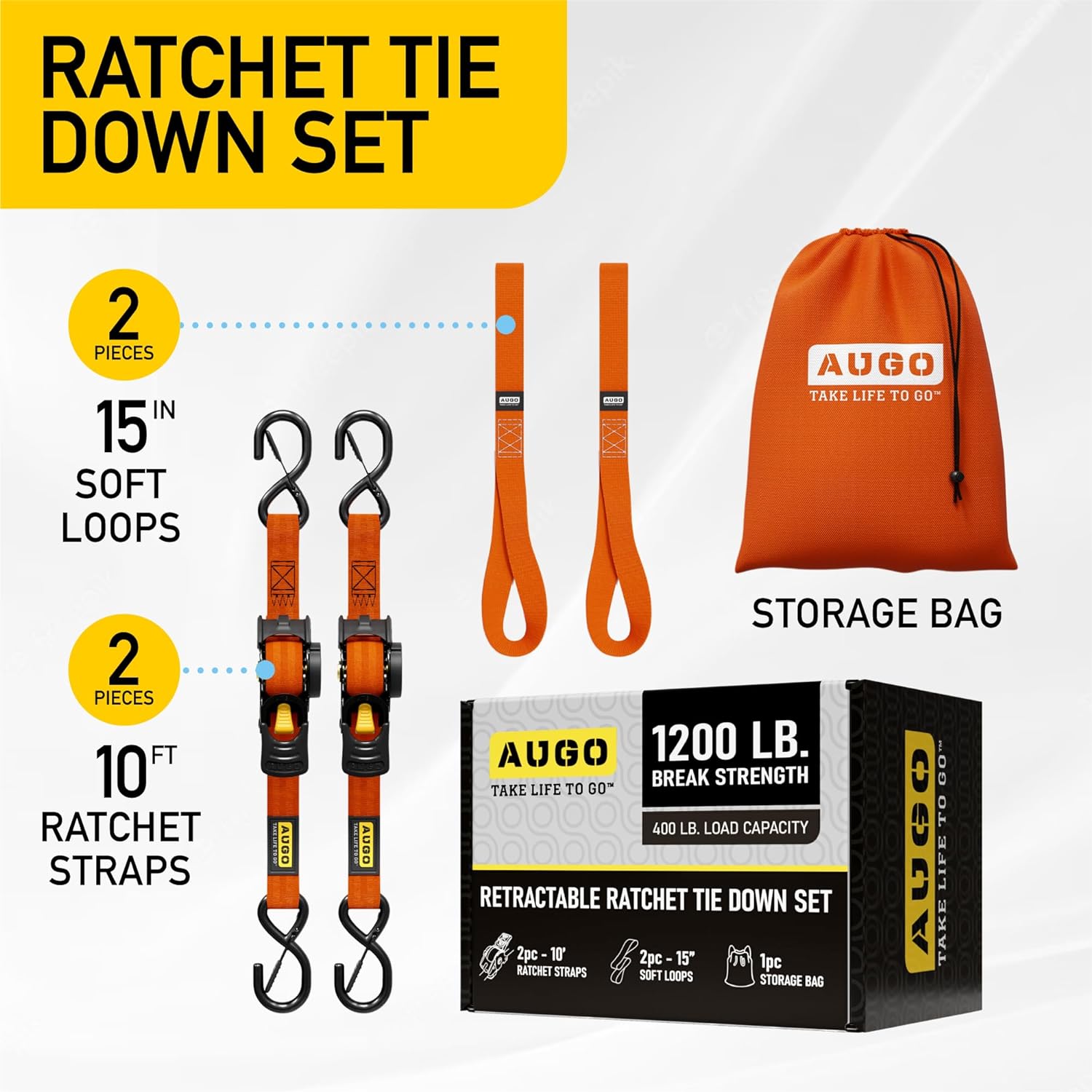 Retractable Ratchet Straps - 2 Pack - 1" x 10 Ft - 1200 Lb Break Strength