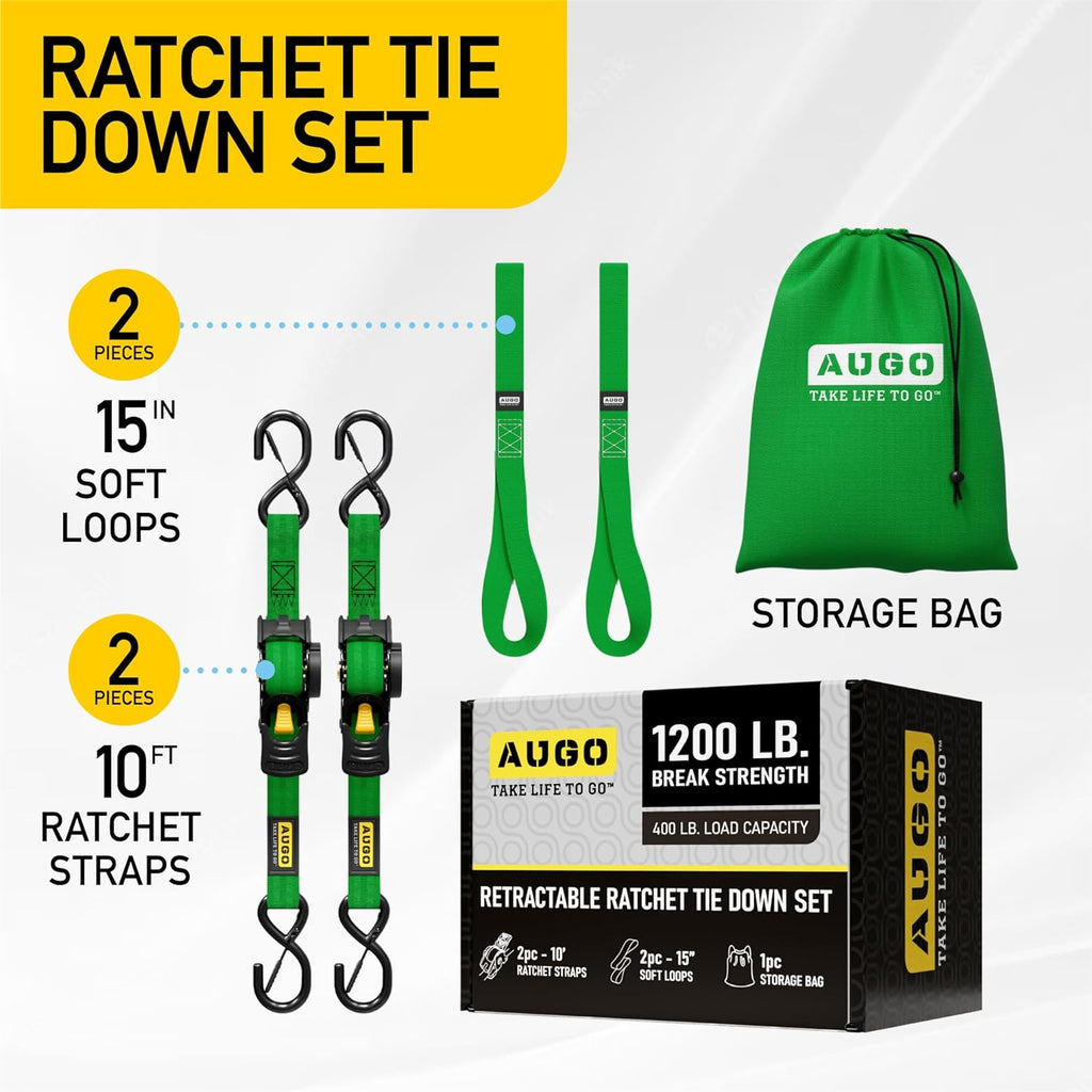Retractable Ratchet Straps - 2 Pack - 1" x 10 Ft - 1200 Lb Break Strength