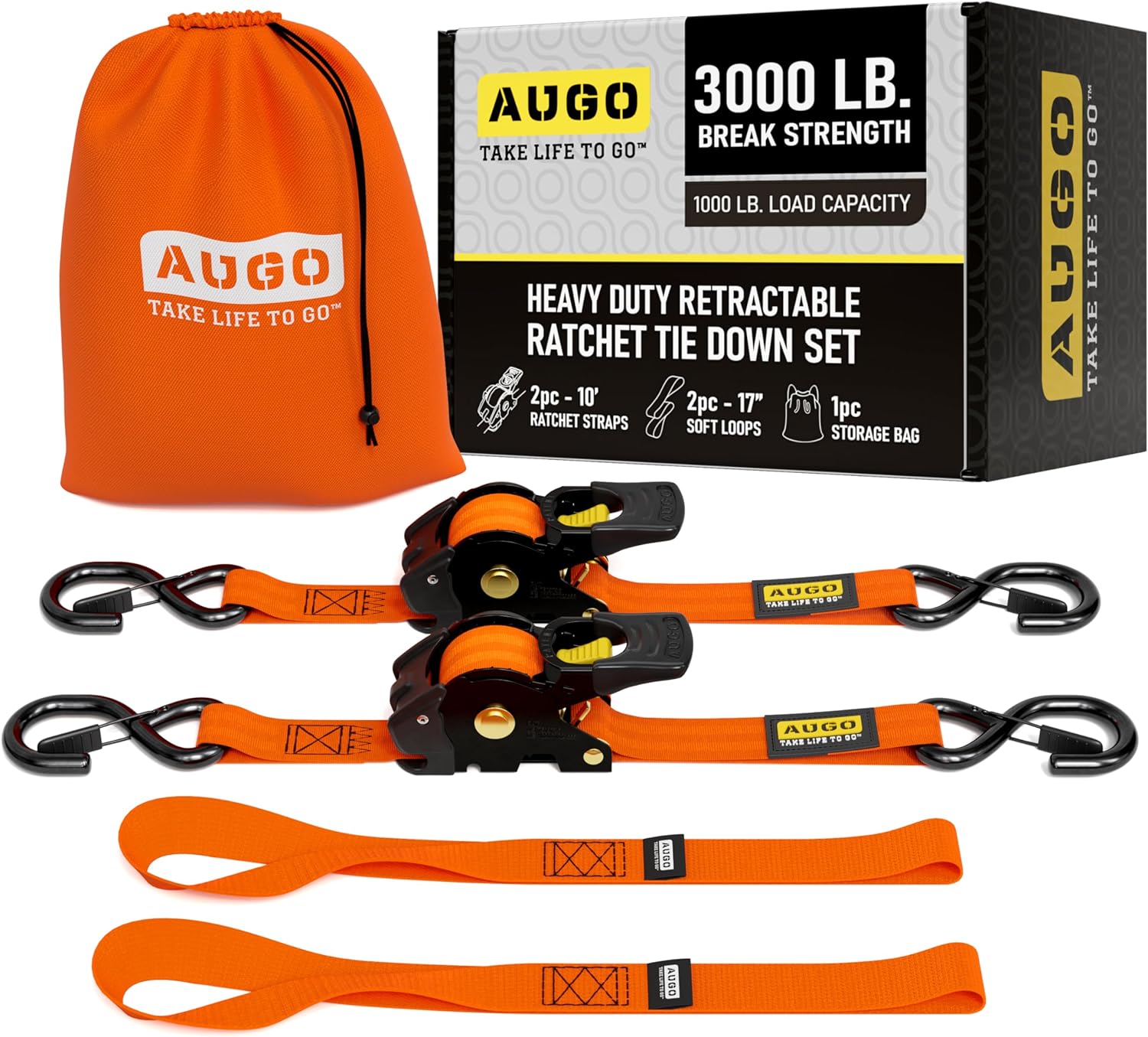 Heavy Duty Retractable Ratchet Straps - 2 Pack - 2" x 10 Ft - 3000 Lb Break Strength