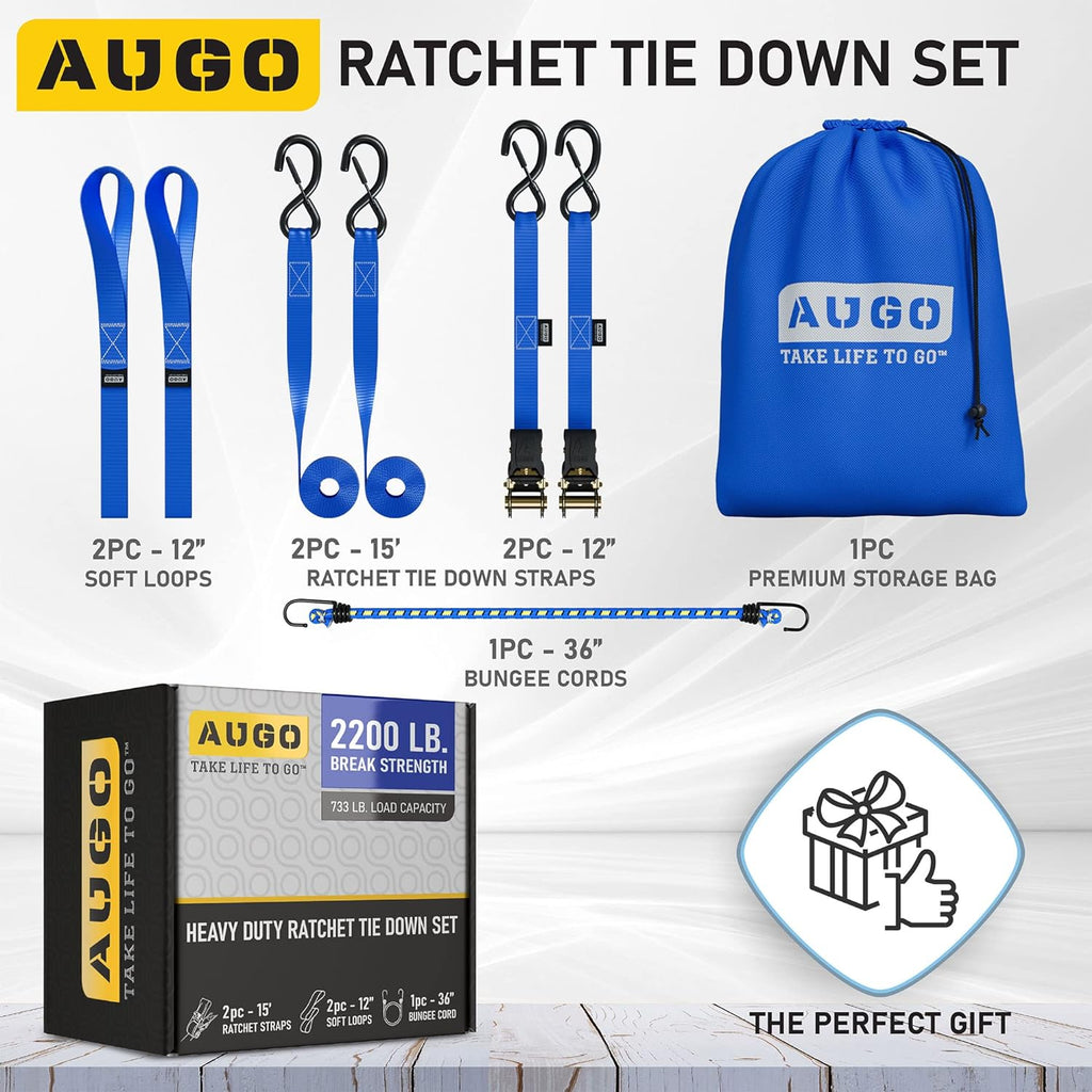 AUGO Ratchet Tie Down Straps -2 PK– 15 FT – Break Strength – Safety Lock S Hooks –for Moving Cargo, Appliances, Lawn Equipment, Motorcycle – Includes 1 Bungee Cord, 2 Soft Loops, Storage Bag