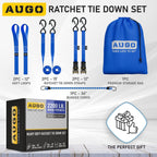 AUGO Ratchet Tie Down Straps -2 PK– 15 FT – Break Strength – Safety Lock S Hooks –for Moving Cargo, Appliances, Lawn Equipment, Motorcycle – Includes 1 Bungee Cord, 2 Soft Loops, Storage Bag