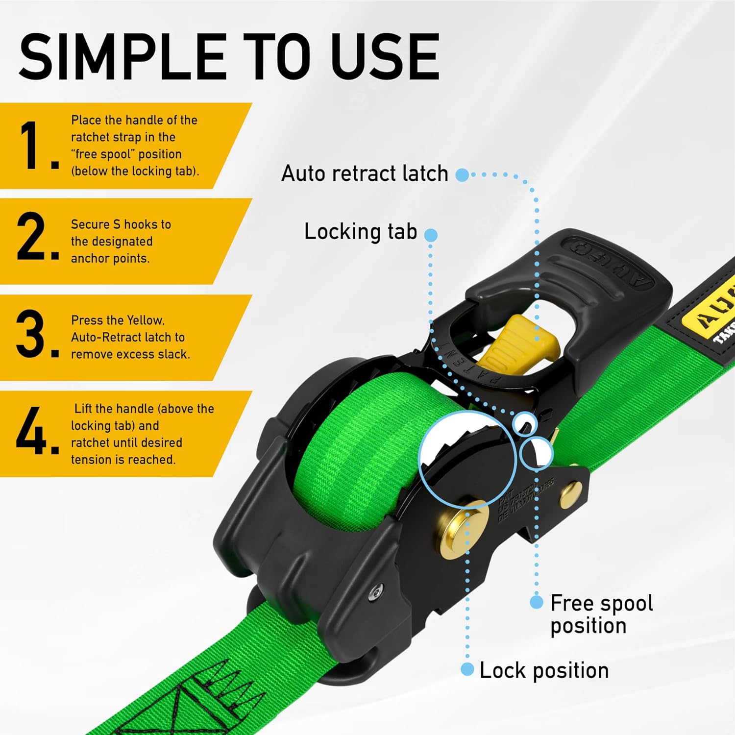 Retractable Ratchet Straps - 4 Pack - 1" x 10 Ft - 1200 Lb Break Strength