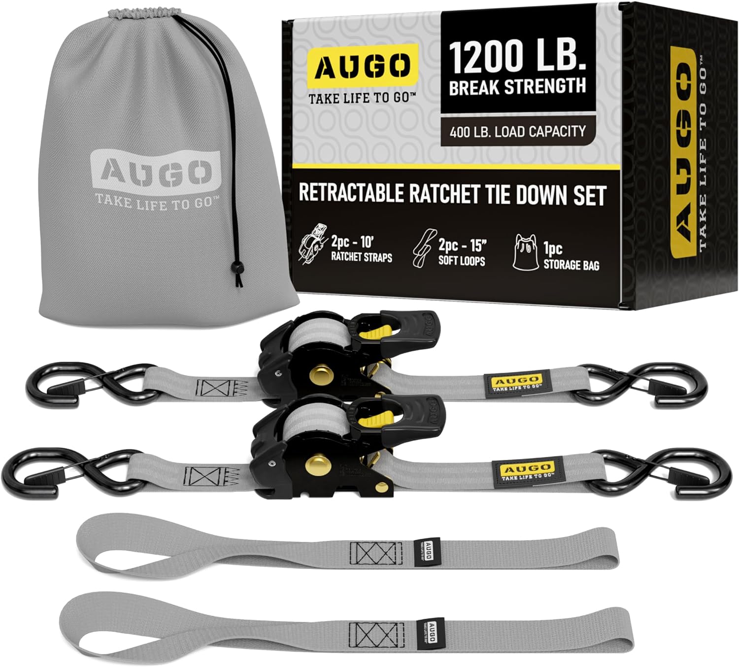 Retractable Ratchet Straps - 2 Pack - 1" x 10 Ft - 1200 Lb Break Strength