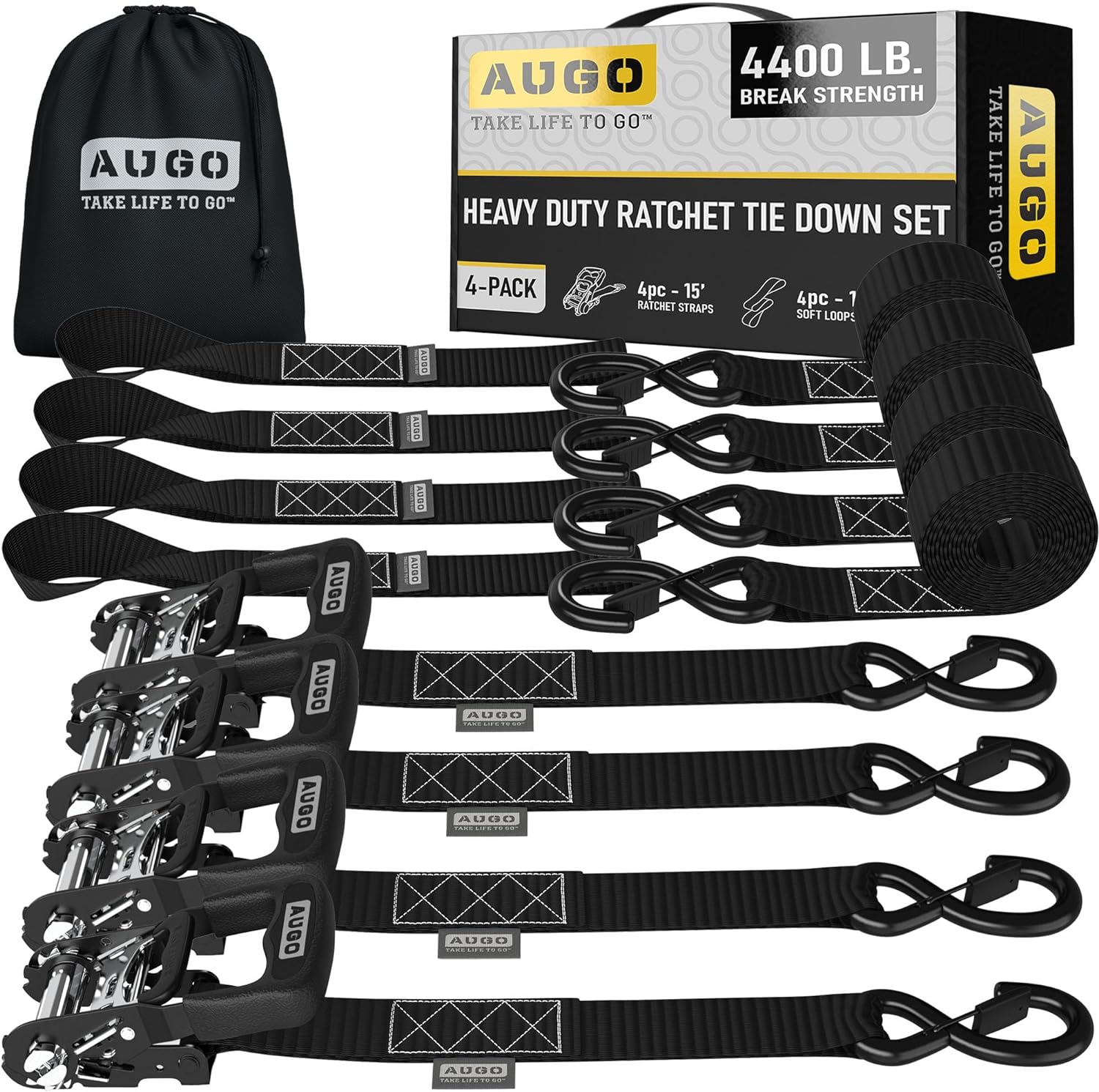 Heavy Duty Ratchet Straps - 4 Pack - 1.5" x 15 Ft - 4400 Lb Break Strength