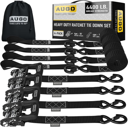 Heavy Duty Ratchet Straps - 4 Pack – 15 ft - 4400 lb Break Strength
