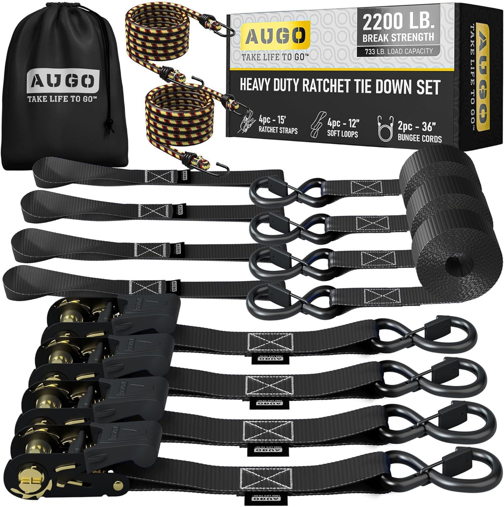 Ratchet Straps - 4 Pack - 1" x 15 Ft - 2200 Lb Break Strength