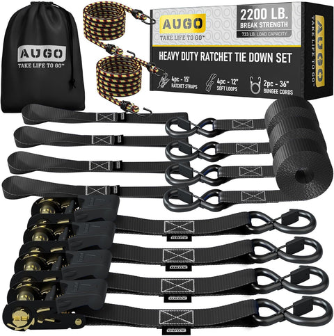 Heavy Duty Ratchet Straps - 4 Pack – 15 ft - 2200 lb Break Strength