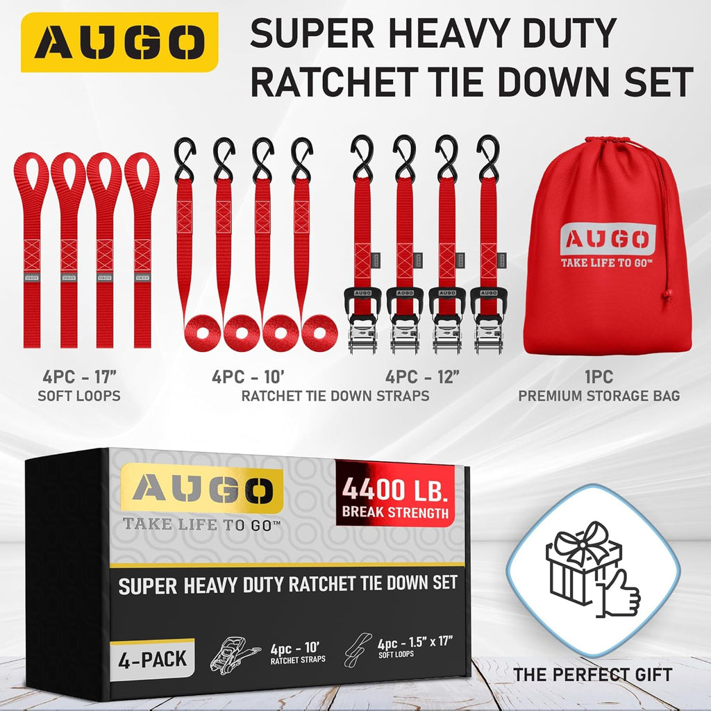 Heavy Duty Ratchet Straps - 4 Pack - 1.5" x 10 Ft - 4400 Lb Break Strength