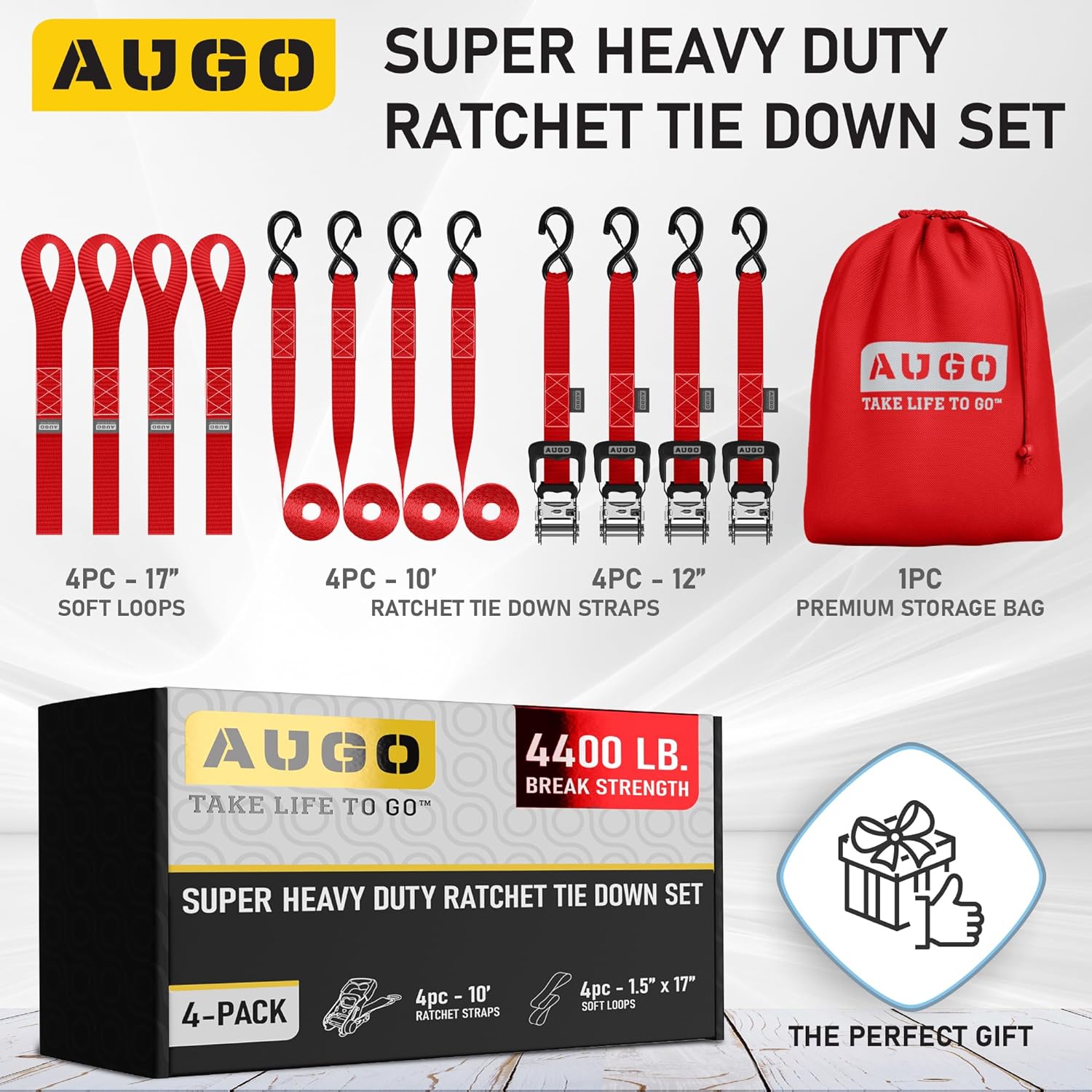 Heavy Duty Ratchet Straps - 4 Pack - 1.5" x 10 Ft - 4400 Lb Break Strength