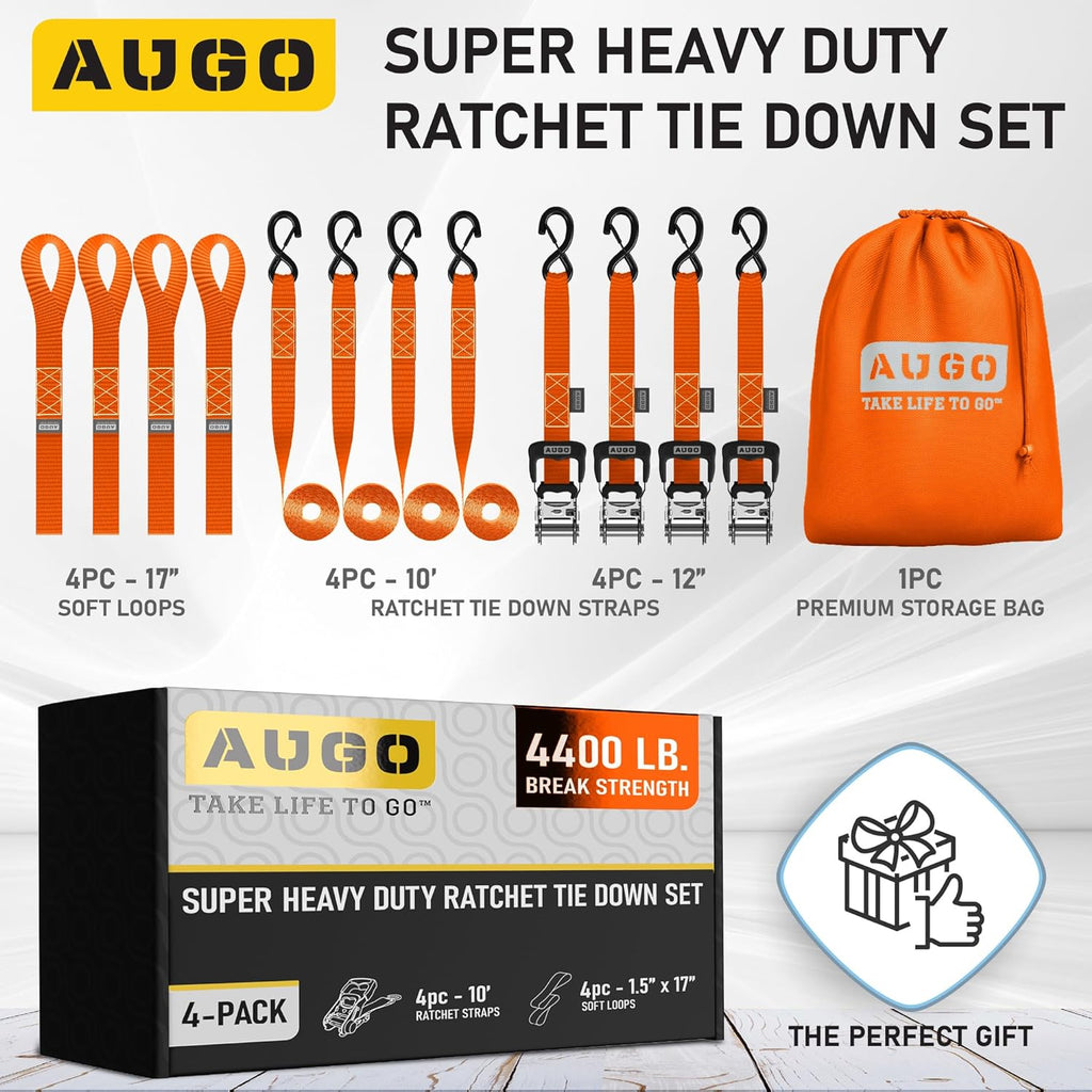 Heavy Duty Ratchet Straps - 4 Pack - 1.5" x 10 Ft - 4400 Lb Break Strength